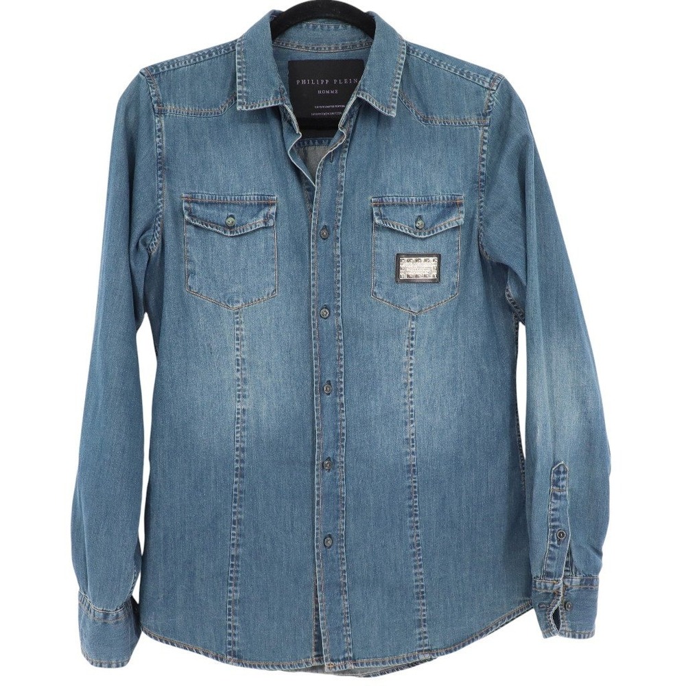 Philipp Plein Homme Blue Denim Rhinestone Skull Button Up Shirt Size 44 Luxury